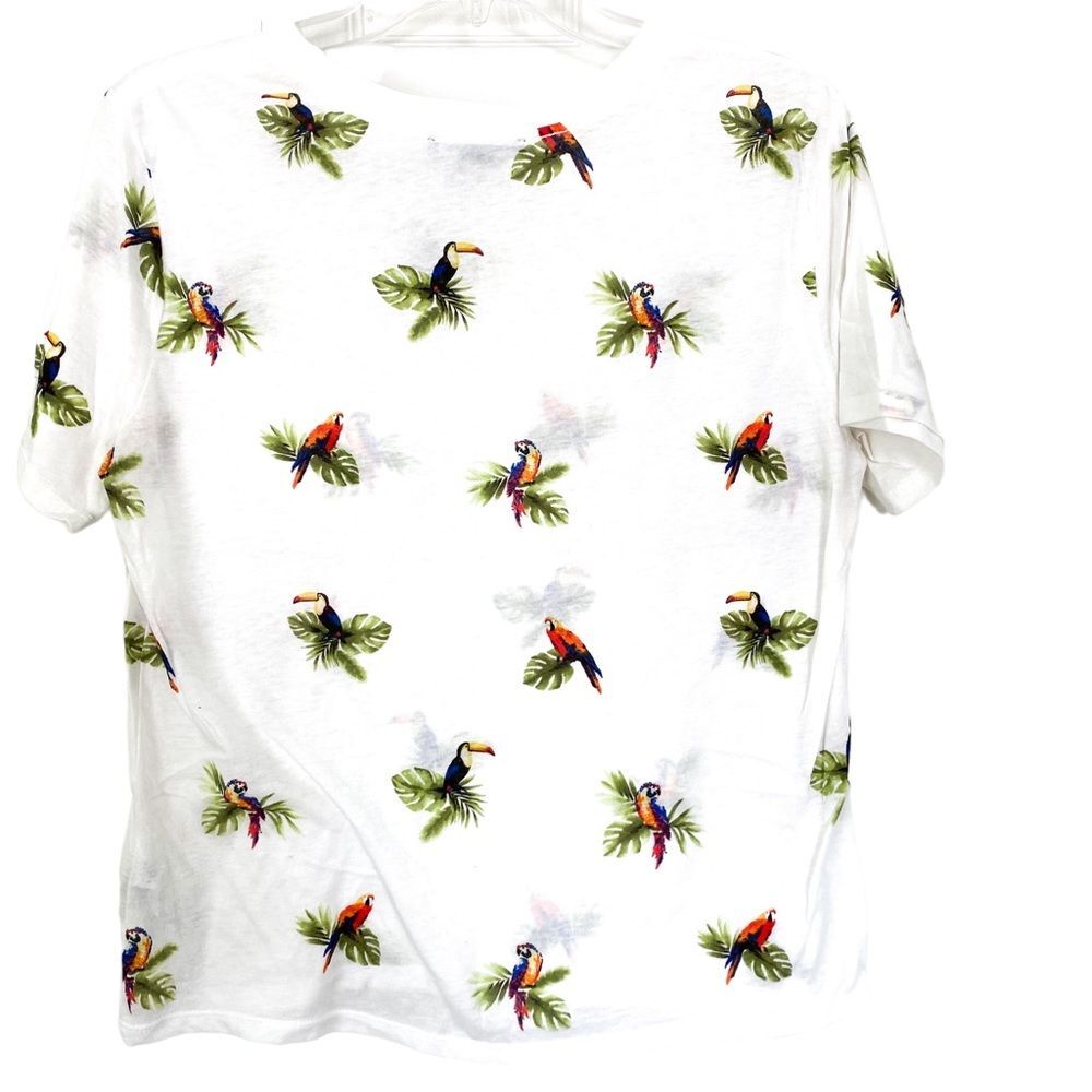 Forever 21 White Tropical Print Crew Neck Short Sleeve Shirt Summer Vacation L - Picture 2 of 4